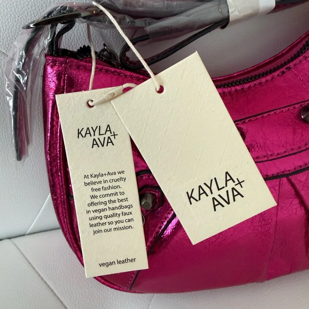 Kayla + Ava Metallic Pink Vegan Leather Shoulder Bag | Y2K Style Purse - Picture 9 of 11